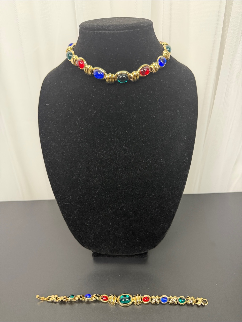 Gold Tone Choker Necklace with Red, Blue and Green faux Cabochons